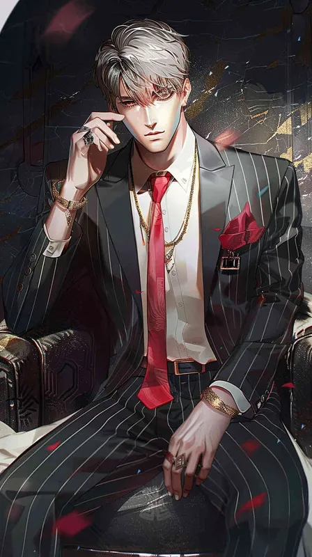 2️⃣ anime art style, a handsome man in a black pinstripe suit with a red tie sitting on a dark marble plinth, holding his hand to his face, with brown hair and a light beard, of short length, in the style of an anime artist. --ar 97:128 - style1部分
