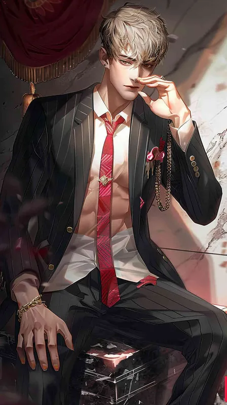 2️⃣ anime art style, a handsome man in a black pinstripe suit with a red tie sitting on a dark marble plinth, holding his hand to his face, with brown hair and a light beard, of short length, in the style of an anime artist. --ar 97:128 - style2部分