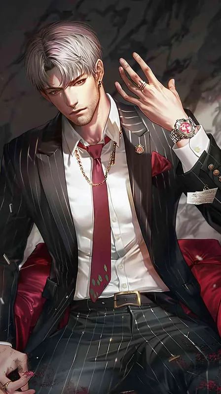 2️⃣ anime art style, a handsome man in a black pinstripe suit with a red tie sitting on a dark marble plinth, holding his hand to his face, with brown hair and a light beard, of short length, in the style of an anime artist. --ar 97:128 - style3部分