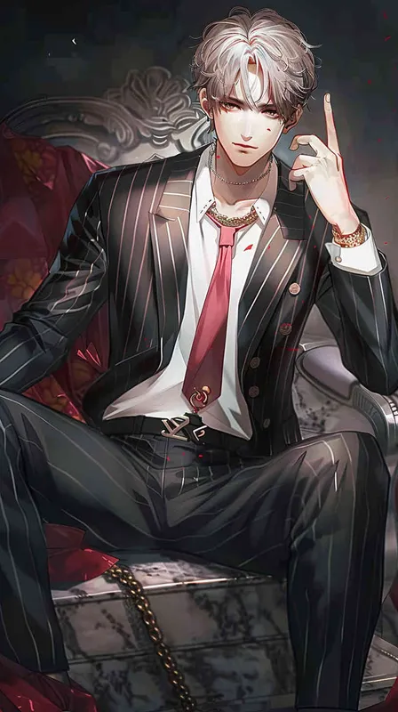 2️⃣ anime art style, a handsome man in a black pinstripe suit with a red tie sitting on a dark marble plinth, holding his hand to his face, with brown hair and a light beard, of short length, in the style of an anime artist. --ar 97:128 - style4部分