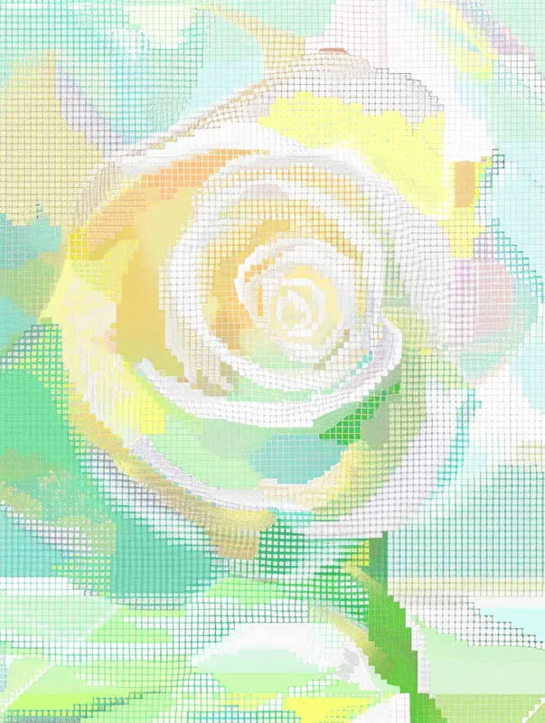 pixel art of an abstract white rose in light green and yellow colors against a pastel background, rendered in a pixelated style. --ar 3:4 - style4部分