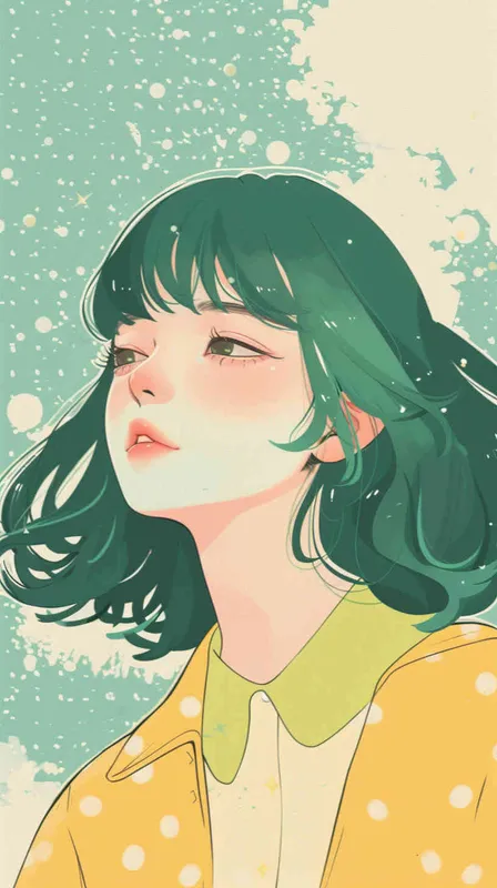 Adorable anime style white semicircle illustrations, light green and yellow color palettes, dotted pattern style, with a soft background, featuring granular texture and a sky blue punk style dot matrix style. - style1部分