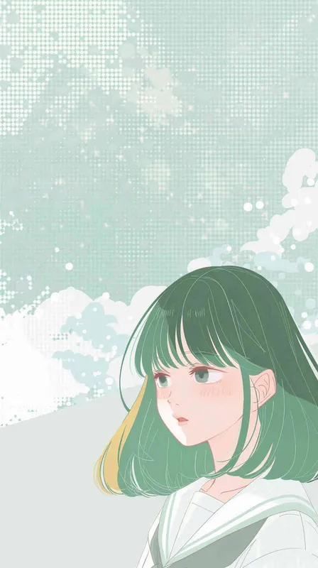 Adorable anime style white semicircle illustrations, light green and yellow color palettes, dotted pattern style, with a soft background, featuring granular texture and a sky blue punk style dot matrix style. - style2部分