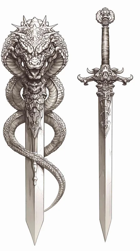 美漫风格，蛇头双柄剑，武器手绘，白色背景  - style1部分