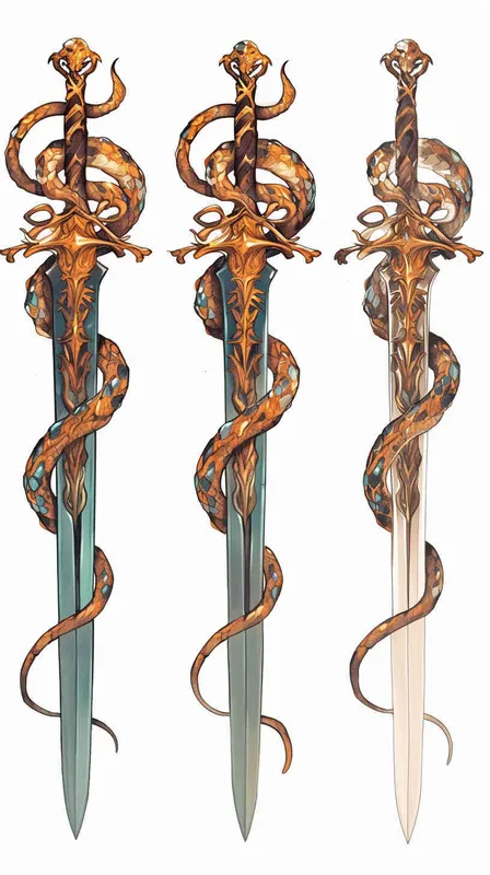 美漫风格，双柄蛇头剑，武器手绘，白色背景 - style2部分