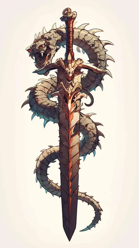 美漫风格，双柄蛇头剑，武器手绘，白色背景 - style4部分