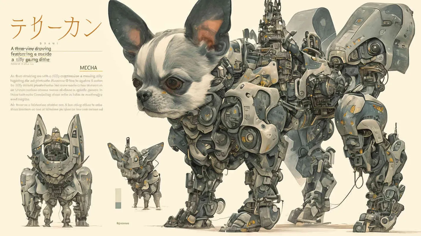 three-view drawing enerate three views, full body，chihuahua with a goofy face inside a huge MECHA suit looking at the camera, highly detailed, black BCG - style1部分