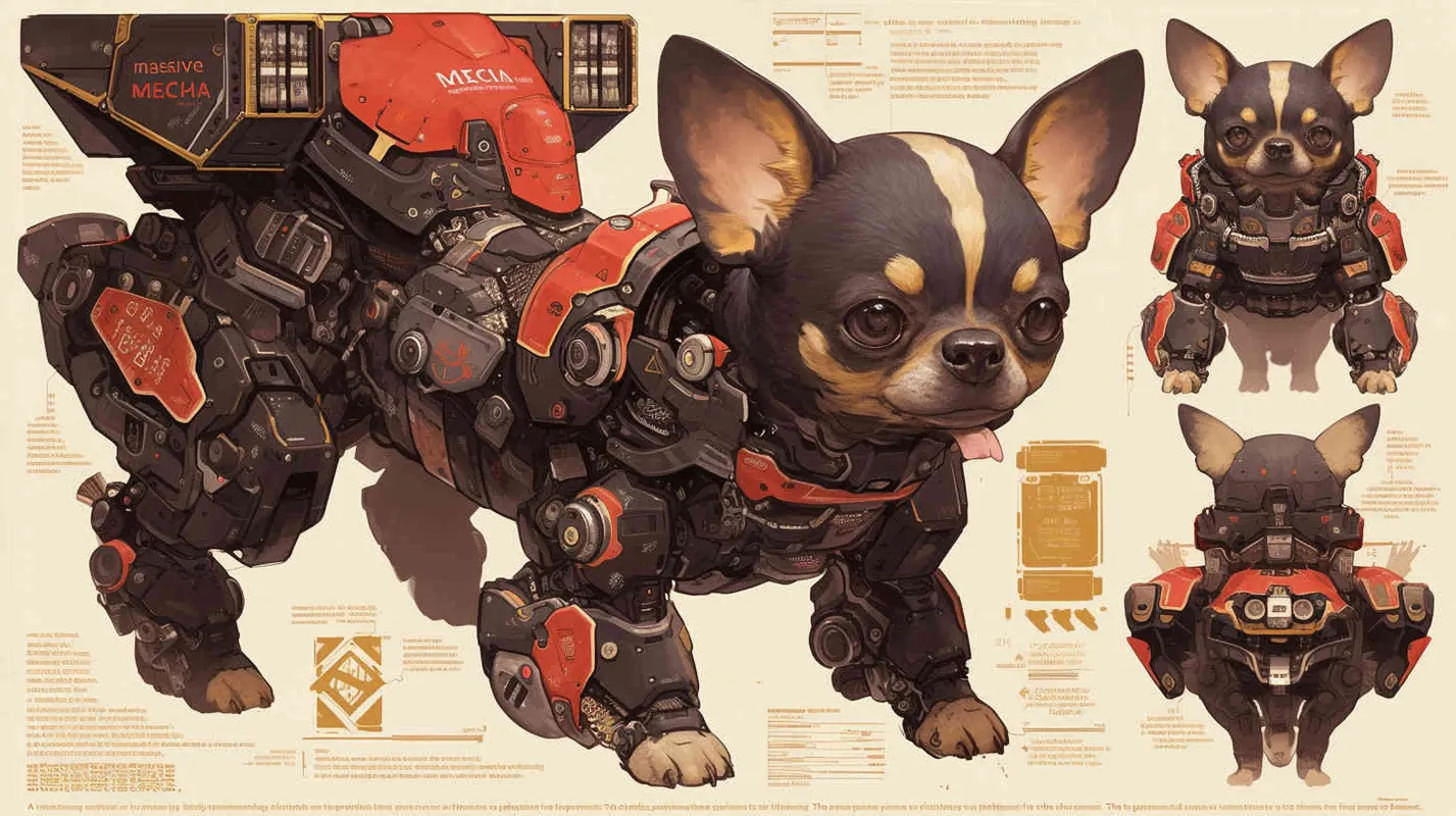 three-view drawing enerate three views, full body，chihuahua with a goofy face inside a huge MECHA suit looking at the camera, highly detailed, black BCG - style2部分