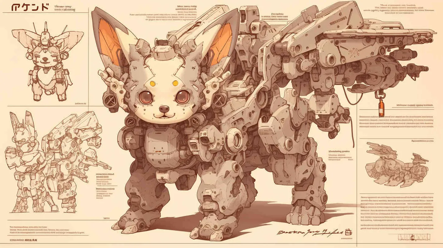 three-view drawing enerate three views, full body，chihuahua with a goofy face inside a huge MECHA suit looking at the camera, highly detailed, black BCG - style3部分