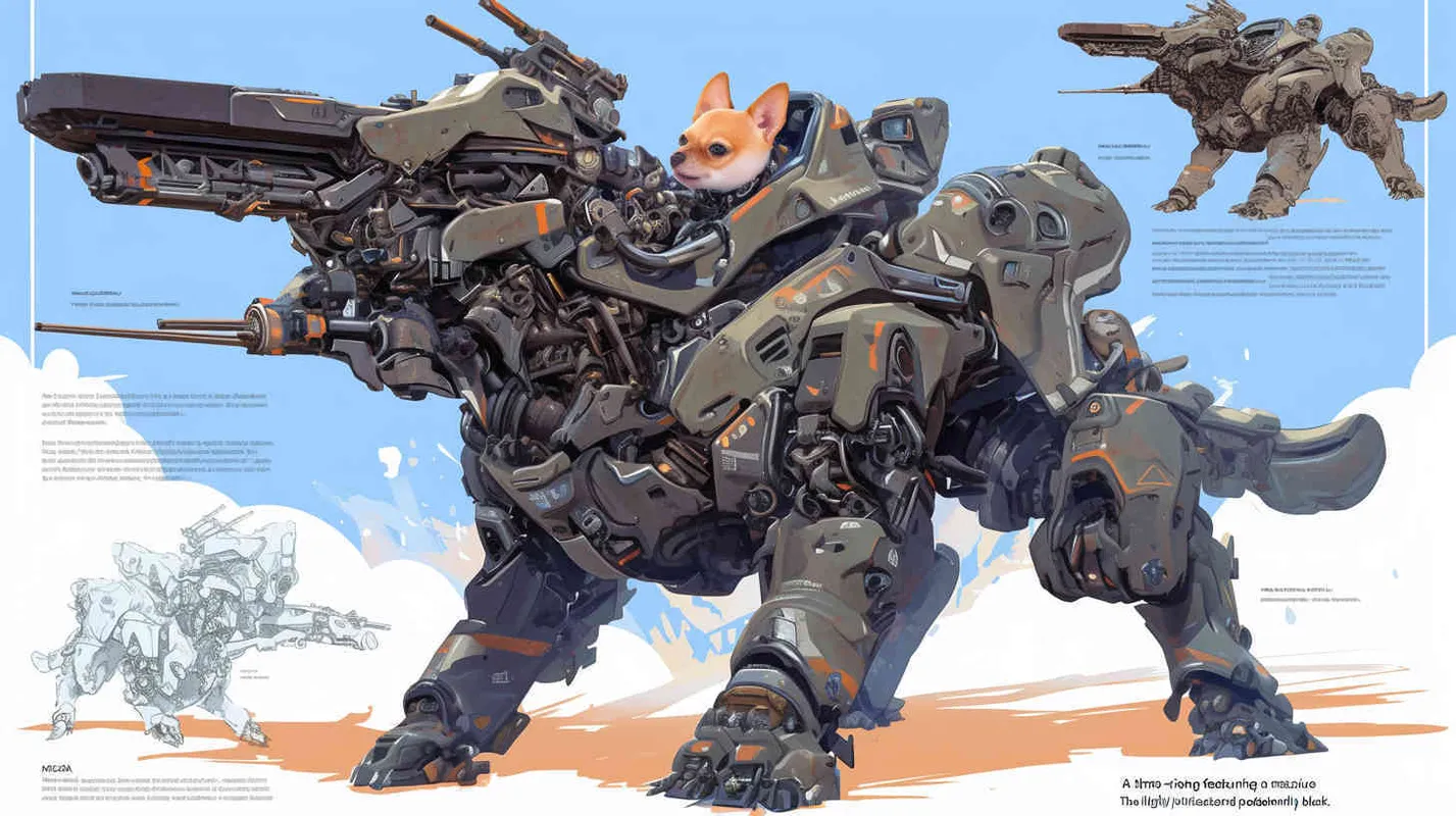 three-view drawing enerate three views, full body，chihuahua with a goofy face inside a huge MECHA suit looking at the camera, highly detailed, black BCG - style4部分