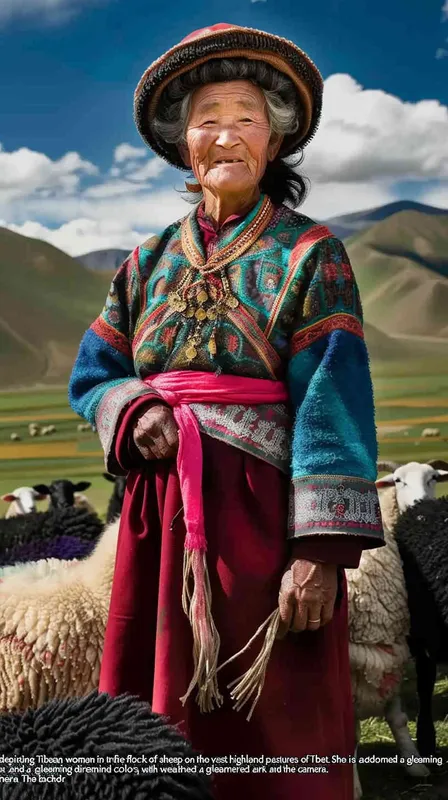 Photo of an elderly Tibetan woman in traditional , standing with her flock of sheep on the highland pastures of Tibet. She wears colorful and has dark skin, smiling at the camera. The background features a blue sky and white clouds over green mountains, with some black woolen lambs scattered around her. Her attire is detailed with a red waistband, pink sash, and hat decorated with tassels, giving off warm colors. The photo has the style of a traditional Tibetan artist with its portrayal of the woman and landscape – AI绘画作品展示 | Midjourney中文版生成