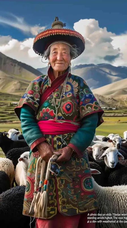 Photo of an elderly Tibetan woman in traditional , standing with her flock of sheep on the highland pastures of Tibet. She wears colorful and has dark skin, smiling at the camera. The background features a blue sky and white clouds over green mountains, with some black woolen lambs scattered around her. Her attire is detailed with a red waistband, pink sash, and hat decorated with tassels, giving off warm colors. The photo has the style of a traditional Tibetan artist with its portrayal of the woman and landscape - style2部分