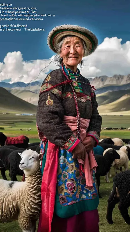 Photo of an elderly Tibetan woman in traditional , standing with her flock of sheep on the highland pastures of Tibet. She wears colorful and has dark skin, smiling at the camera. The background features a blue sky and white clouds over green mountains, with some black woolen lambs scattered around her. Her attire is detailed with a red waistband, pink sash, and hat decorated with tassels, giving off warm colors. The photo has the style of a traditional Tibetan artist with its portrayal of the woman and landscape - style3部分