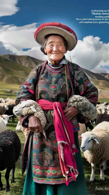 Photo of an elderly Tibetan woman in traditional , standing with her flock of sheep on the highland pastures of Tibet. She wears colorful and has dark skin, smiling at the camera. The background features a blue sky and white clouds over green mountains, with some black woolen lambs scattered around her. Her attire is detailed with a red waistband, pink sash, and hat decorated with tassels, giving off warm colors. The photo has the style of a traditional Tibetan artist with its portrayal of the woman and landscape - style4部分