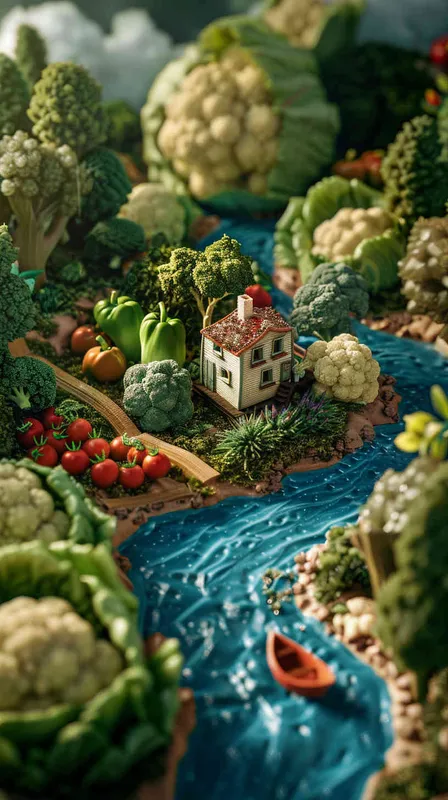 Vegetable ad cover, miniature landscape, high angle shot, cabbage, carrots, broccoli, peppers, river in the middle, boat on top, miniature landscape, panning shot, high definition ad, visual details, cinematic lighting, 8k--ar 3: 4 --s 500--v6.0 - style1部分