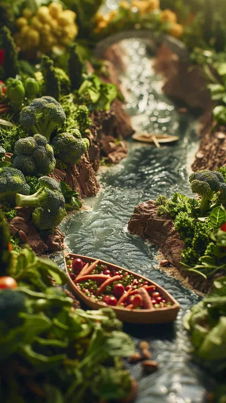 Vegetable ad cover, miniature landscape, high angle shot, cabbage, carrots, broccoli, peppers, river in the middle, boat on top, miniature landscape, panning shot, high definition ad, visual details, cinematic lighting, 8k--ar 3: 4 --s 500--v6.0 - style2部分