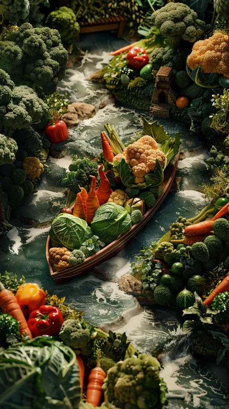 Vegetable ad cover, miniature landscape, high angle shot, cabbage, carrots, broccoli, peppers, river in the middle, boat on top, miniature landscape, panning shot, high definition ad, visual details, cinematic lighting, 8k--ar 3: 4 --s 500--v6.0 - style3部分