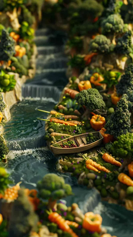 Vegetable ad cover, miniature landscape, high angle shot, cabbage, carrots, broccoli, peppers, river in the middle, boat on top, miniature landscape, panning shot, high definition ad, visual details, cinematic lighting, 8k--ar 3: 4 --s 500--v6.0 - style4部分