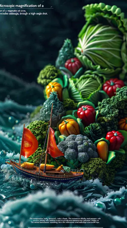 微观放大Vegetable ad cover, miniature landscape, high angle shot, cabbage, carrots, broccoli, peppers, river in the middle, boat on top, miniature landscape, panning shot, high definition ad, visual details, cinematic lighting, 8k–ar 3: 4 –s 500–v6.0  – AI绘画作品展示 | Midjourney中文版生成
