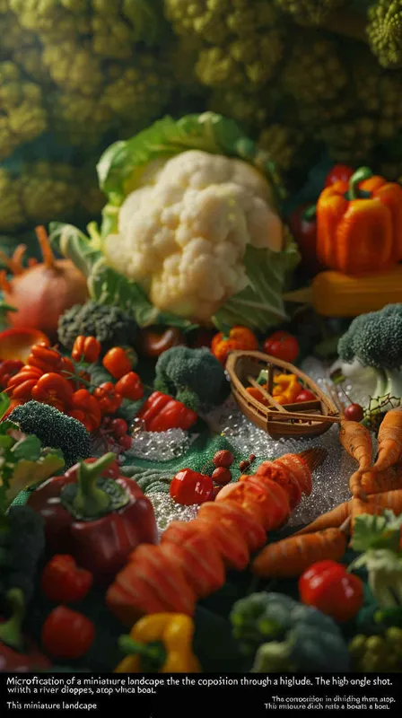 微观放大Vegetable ad cover, miniature landscape, high angle shot, cabbage, carrots, broccoli, peppers, river in the middle, boat on top, miniature landscape, panning shot, high definition ad, visual details, cinematic lighting, 8k--ar 3: 4 --s 500--v6.0  - style2部分
