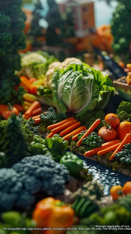 微观放大Vegetable ad cover, miniature landscape, high angle shot, cabbage, carrots, broccoli, peppers, river in the middle, boat on top, miniature landscape, panning shot, high definition ad, visual details, cinematic lighting, 8k--ar 3: 4 --s 500--v6.0  - style3部分