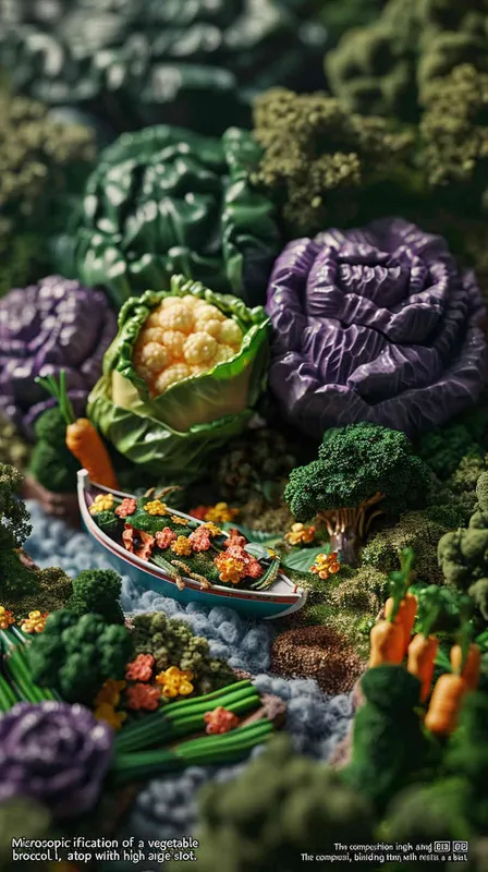 微观放大Vegetable ad cover, miniature landscape, high angle shot, cabbage, carrots, broccoli, peppers, river in the middle, boat on top, miniature landscape, panning shot, high definition ad, visual details, cinematic lighting, 8k--ar 3: 4 --s 500--v6.0  - style4部分