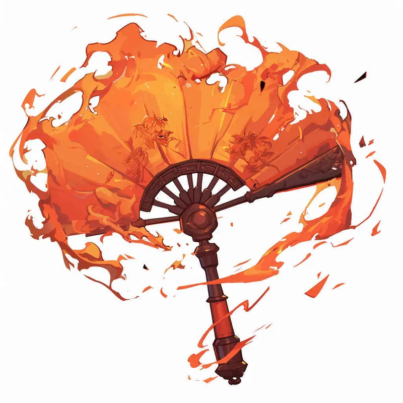 美漫风格，燃烧着火焰武器扇子，中国武器手绘，白色背景  - style1部分