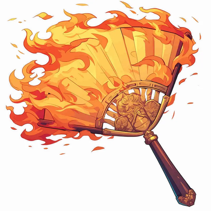 美漫风格，燃烧着火焰武器扇子，中国武器手绘，白色背景  - style4部分