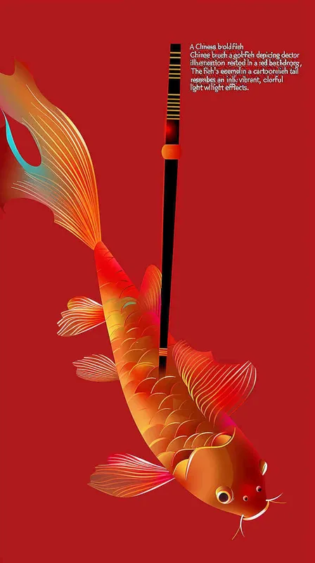1️⃣ A Chinese brush and goldfish, vector illustration in the style of a simple line drawing, with a red background and cartoon style. The tail of the fish is like an ink pen with colorful light effects. It floats against a solid color background. Red tone highlights its beauty, with a focus on unique shape and delicate details. High resolution with clear edges and best quality. A wide perspective angle with a static composition.  - style2部分