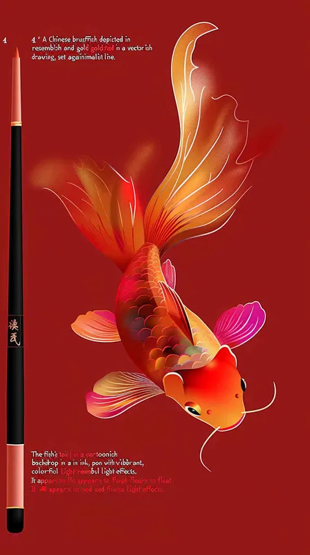 1️⃣ A Chinese brush and goldfish, vector illustration in the style of a simple line drawing, with a red background and cartoon style. The tail of the fish is like an ink pen with colorful light effects. It floats against a solid color background. Red tone highlights its beauty, with a focus on unique shape and delicate details. High resolution with clear edges and best quality. A wide perspective angle with a static composition.  - style3部分