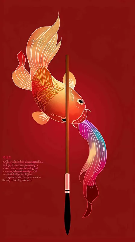 1️⃣ A Chinese brush and goldfish, vector illustration in the style of a simple line drawing, with a red background and cartoon style. The tail of the fish is like an ink pen with colorful light effects. It floats against a solid color background. Red tone highlights its beauty, with a focus on unique shape and delicate details. High resolution with clear edges and best quality. A wide perspective angle with a static composition.  - style4部分