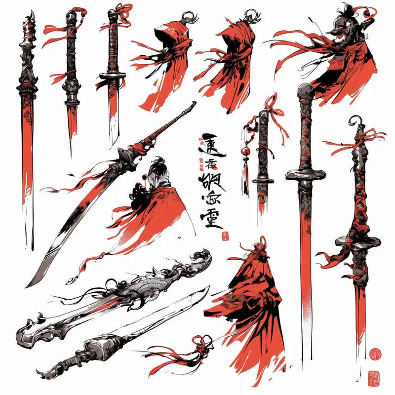  美漫风格，针，中国武器手绘，白色背景 - style1部分