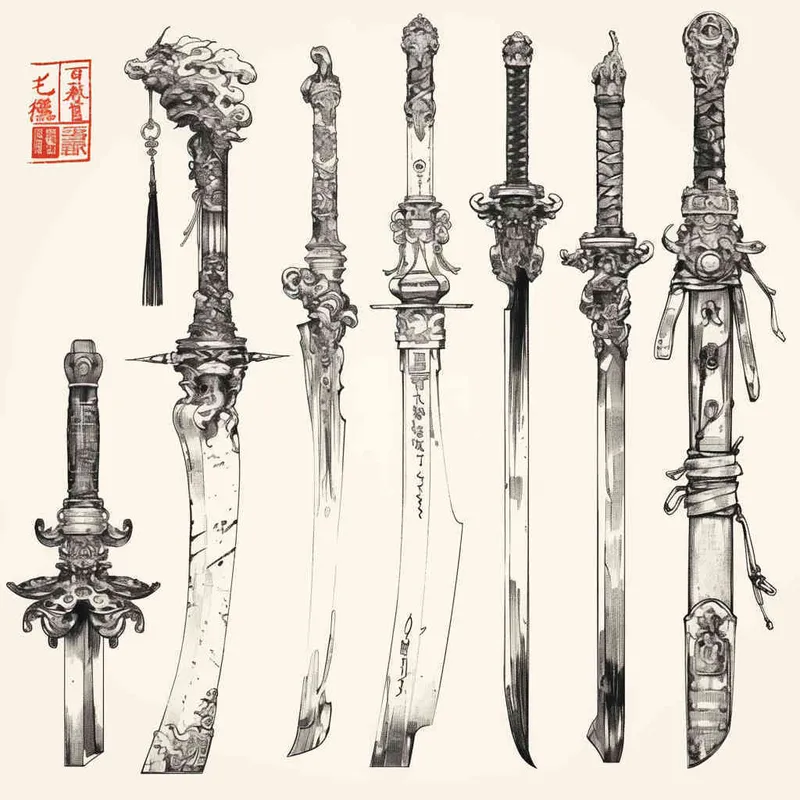  美漫风格，针，中国武器手绘，白色背景 - style2部分