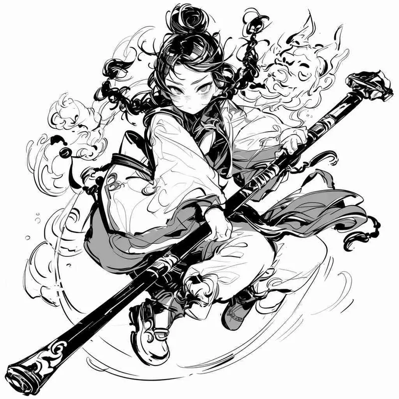  美漫风格，针，中国武器手绘，白色背景 - style3部分