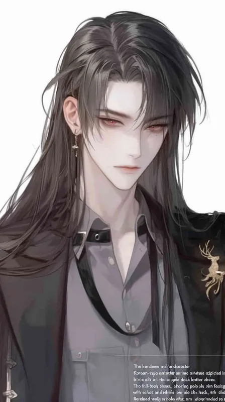 Handsome Korean-style anime character Xu Jiu in a black suit, with a gold deer brooch on the collar, black leather shoes. Full body shot, facing forward, with pale skin and black flowing long hair. 8000k resolution, high-definition quality, detailed features, exquisite depiction. The character should be identical to the image, with white skin. - style1部分