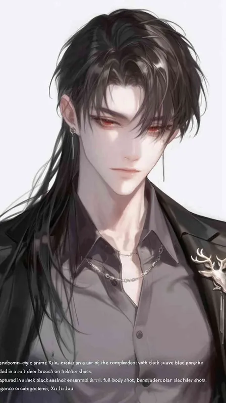 Handsome Korean-style anime character Xu Jue, wearing a full black suit with a gold deer brooch on the collar, black leather shoes. Full body shot, facing forward, cold pale skin, flowing black long hair, 8000k resolution, high-definition quality, detailed face, exquisite artwork, character portrait matching the image exactly, fair skin. - style1部分