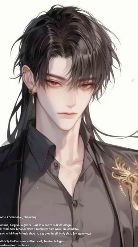 Handsome Korean-style anime character Xu Jue, wearing a full black suit with a gold deer brooch on the collar, black leather shoes. Full body shot, facing forward, cold pale skin, flowing black long hair, 8000k resolution, high-definition quality, detailed face, exquisite artwork, character portrait matching the image exactly, fair skin. - style2部分