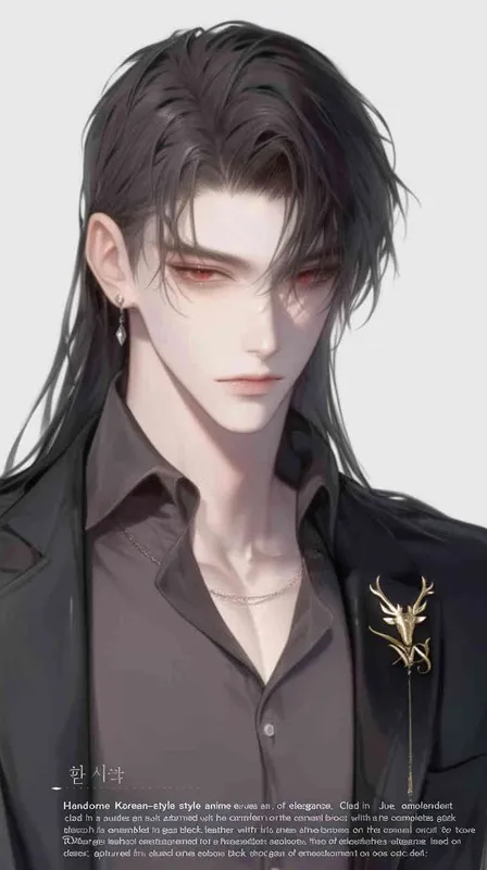 Handsome Korean-style anime character Xu Jue, wearing a full black suit with a gold deer brooch on the collar, black leather shoes. Full body shot, facing forward, cold pale skin, flowing black long hair, 8000k resolution, high-definition quality, detailed face, exquisite artwork, character portrait matching the image exactly, fair skin. - style3部分