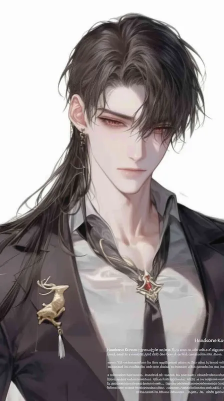 Handsome Korean-style anime character Xu Jue, wearing a full black suit with a gold deer brooch on the collar, black leather shoes. Full body shot, facing forward, cold pale skin, flowing black long hair, 8000k resolution, high-definition quality, detailed face, exquisite artwork, character portrait matching the image exactly, fair skin. - style4部分