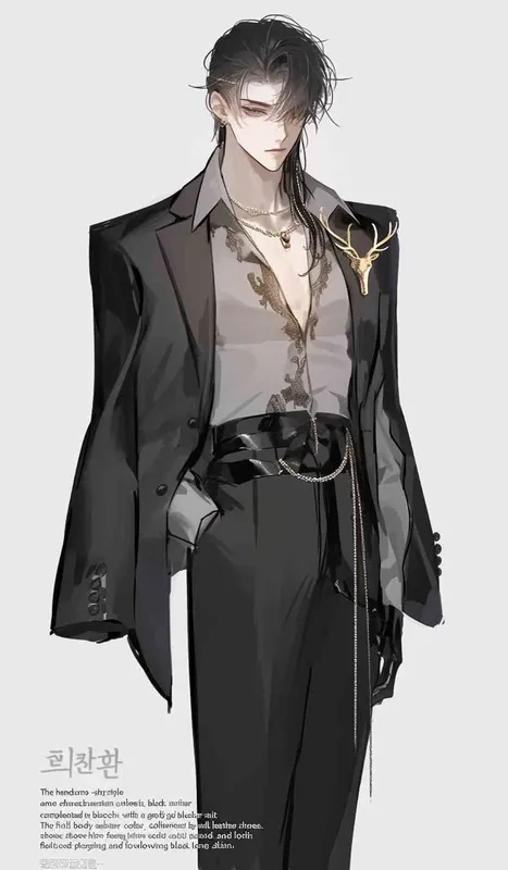 Handsome Korean-style anime character Xu Jue, wearing a full black suit with a gold deer brooch on the collar, black leather shoes. Full body shot, facing forward, cold pale skin, flowing black long hair, 8000k resolution, high-definition quality, detailed face, exquisite artwork, character portrait matching the image exactly, fair skin.  - style2部分