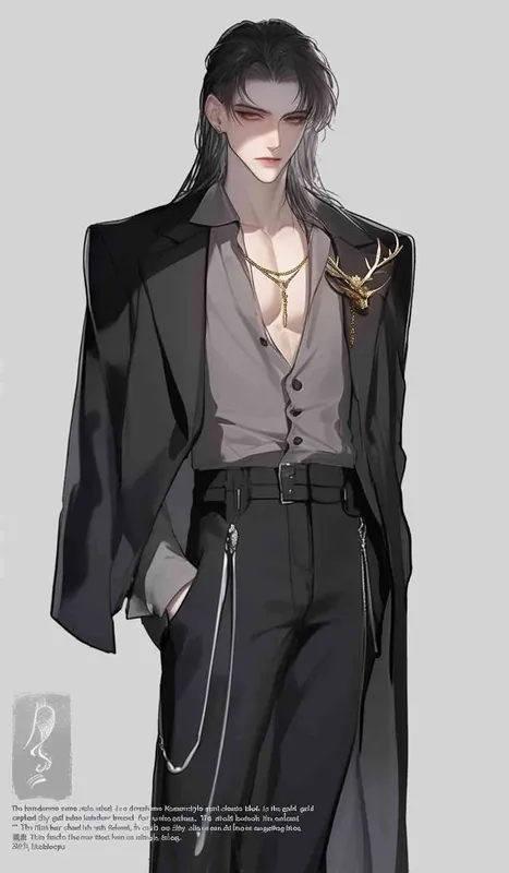 Handsome Korean-style anime character Xu Jue, wearing a full black suit with a gold deer brooch on the collar, black leather shoes. Full body shot, facing forward, cold pale skin, flowing black long hair, 8000k resolution, high-definition quality, detailed face, exquisite artwork, character portrait matching the image exactly, fair skin.  - style3部分