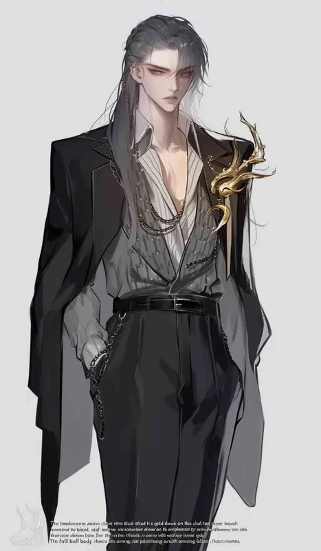 Handsome Korean-style anime character Xu Jue, wearing a full black suit with a gold deer brooch on the collar, black leather shoes. Full body shot, facing forward, cold pale skin, flowing black long hair, 8000k resolution, high-definition quality, detailed face, exquisite artwork, character portrait matching the image exactly, fair skin.  - style4部分