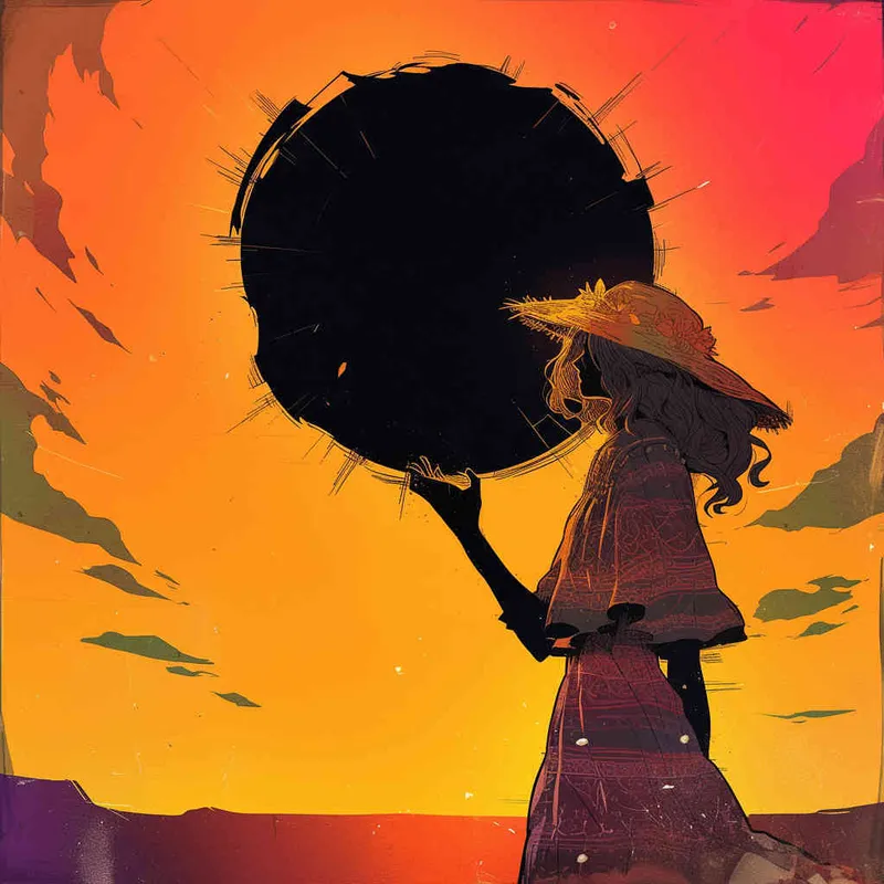 美漫风格，一个黑色剪影人拿着太阳，天上破了一个窟窿 – AI绘画作品展示 | Midjourney中文版生成