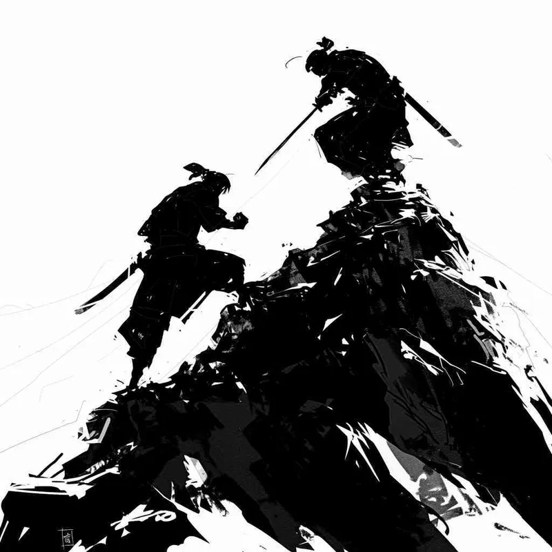 美漫风格，黑白画风，两个黑色剪影人在山顶上决斗，白色背景 - style3部分