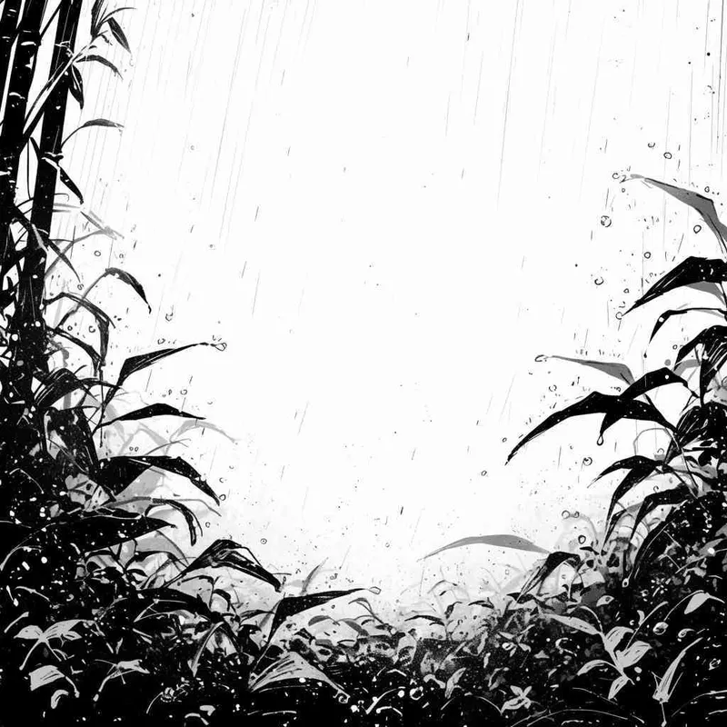 美漫风格，黑白画风，天上在下雨，土壤上长出了很多新苗，白色背景 - style2部分