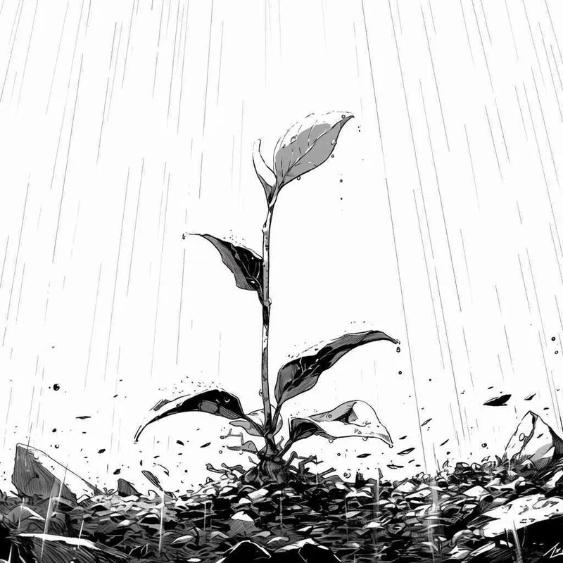 美漫风格，黑白画风，天上在下雨，土壤上长出了很多新苗，白色背景 - style3部分