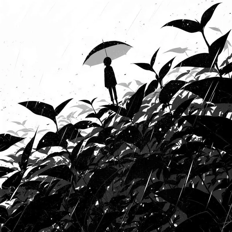 美漫风格，黑白画风，天上在下雨，土壤上长出了很多新苗，白色背景 - style4部分