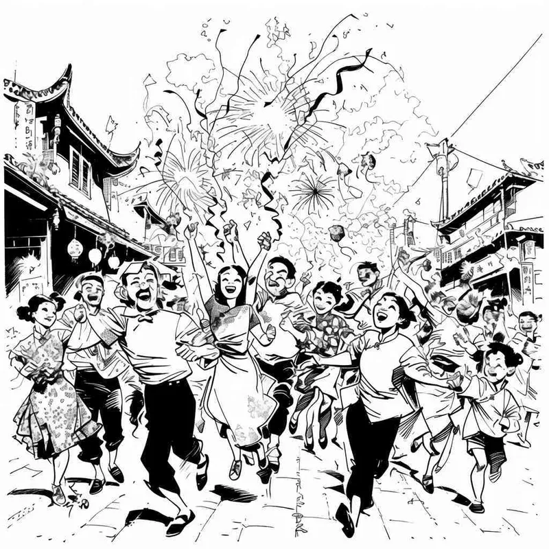 美漫风格，黑白画风，中国新年，街上飘着彩带和礼花，一群人在庆祝，白色背景 – AI绘画作品展示 | Midjourney中文版生成