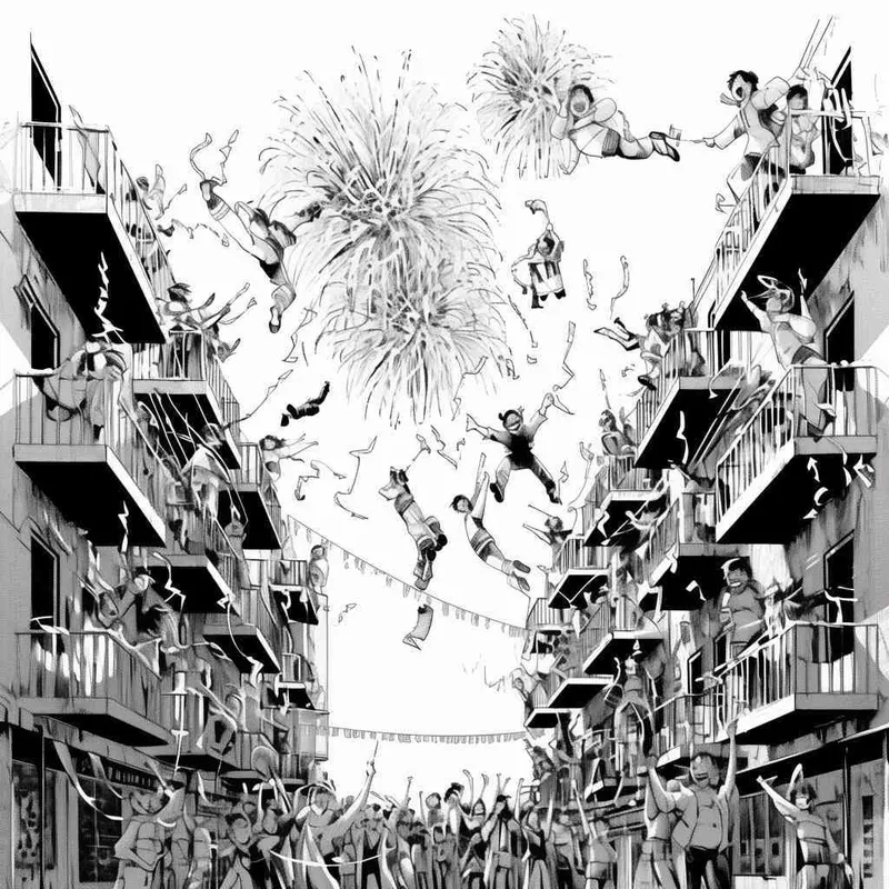 美漫风格，黑白画风，中国新年，街上飘着彩带和礼花，一群人在庆祝，白色背景 - style2部分