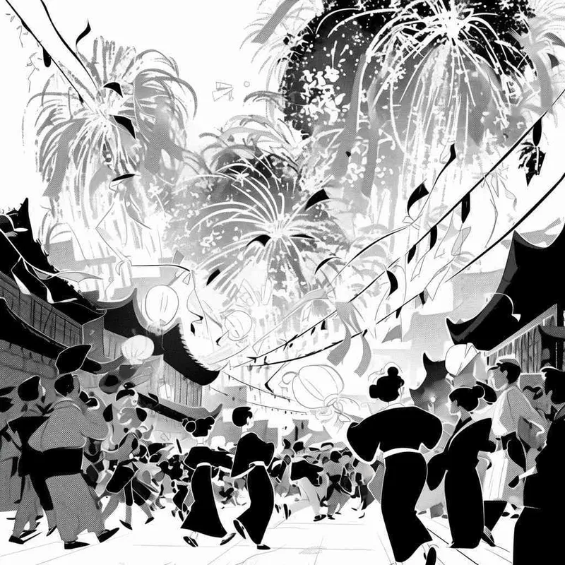 美漫风格，黑白画风，中国新年，街上飘着彩带和礼花，一群人在庆祝，白色背景 - style4部分
